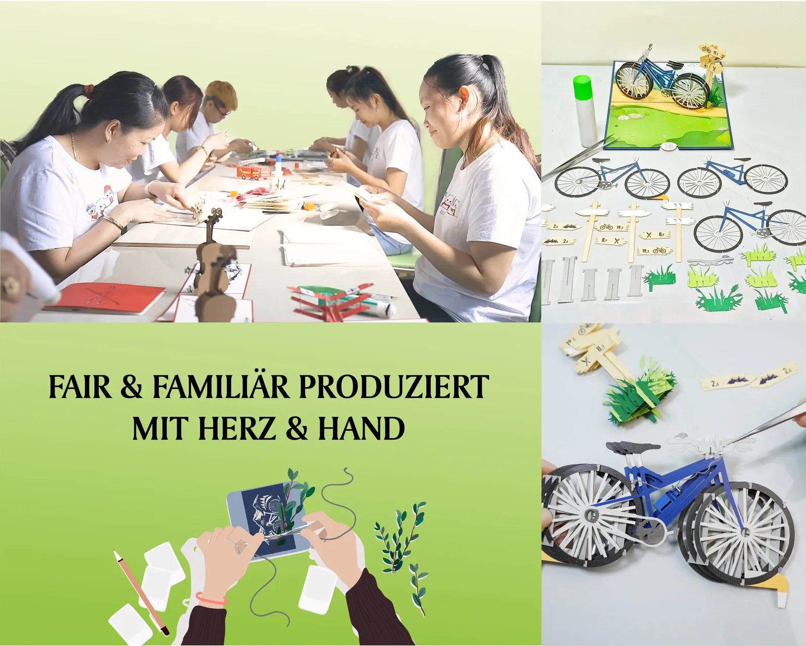 Mehrere Frauen sitzen an einem Tisch und basteln an Pop-up-Karten mit Fahrrädern, daneben sind Einzelteile und eine aufgeklappte blaue Fahrradkarte zu sehen, unten eine Illustration von Händen mit einer Pop-up-Karte und der Text FAIR & FAMILIÄR PRODUZIERT MIT HERZ & HAND