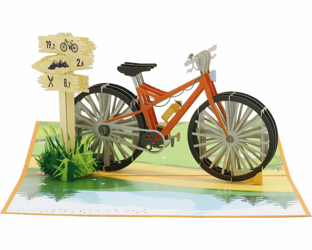 fahrrad, mountainbike orange mit wegweiser