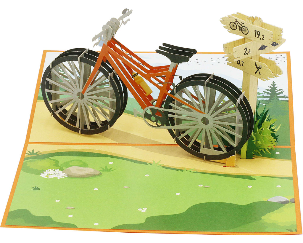 fahrrad, mountainbike orange mit wegweiser