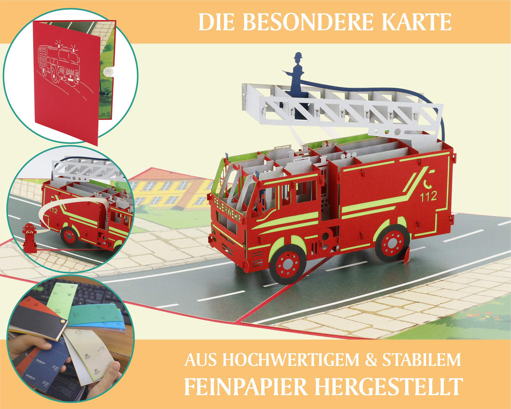 pop up karte mit feuerwehr mit drehleiter auf einer straße