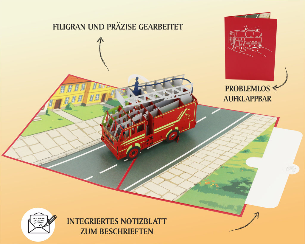 rote pop up karte mit feuerwehr mit drehleiter auf einer straße