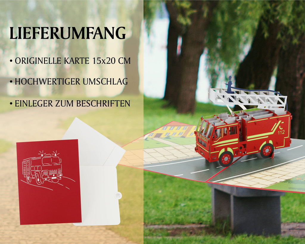 rote karte mit feuerwehr mit drehleiter auf einer straße