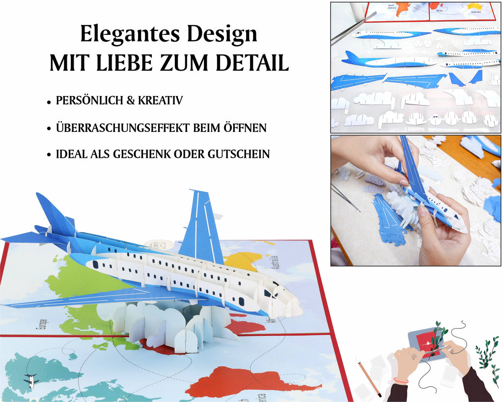 klappkarte flugzeug auf weltkarte mit einzelteilen und zusammenbau in handarbeit