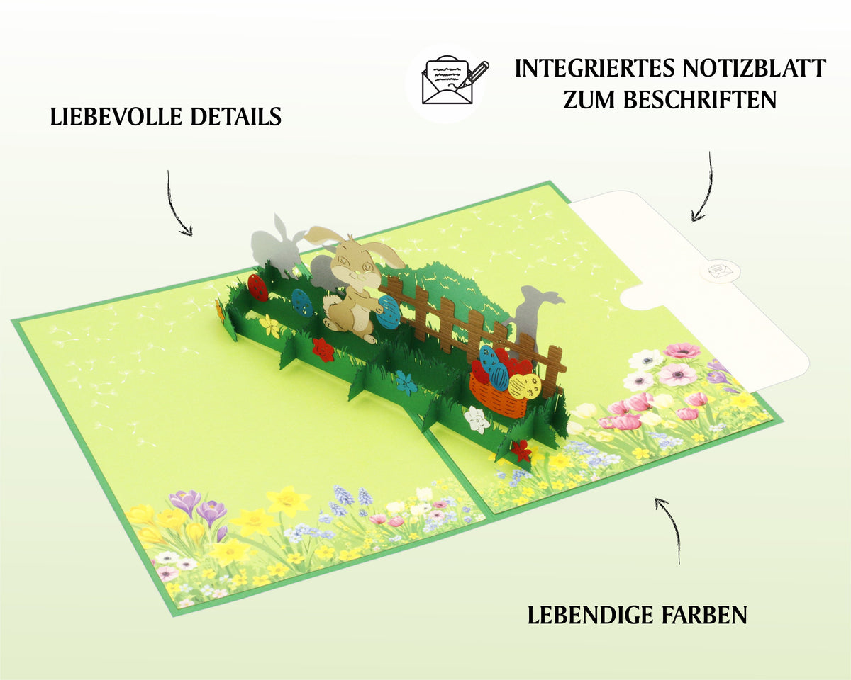 Aufgeklappte Pop-up-Karte mit Osterhasen im Garten, dazu die Hinweise liebevolle Details, integriertes Notizblatt zum Beschriften und lebendige Farben.