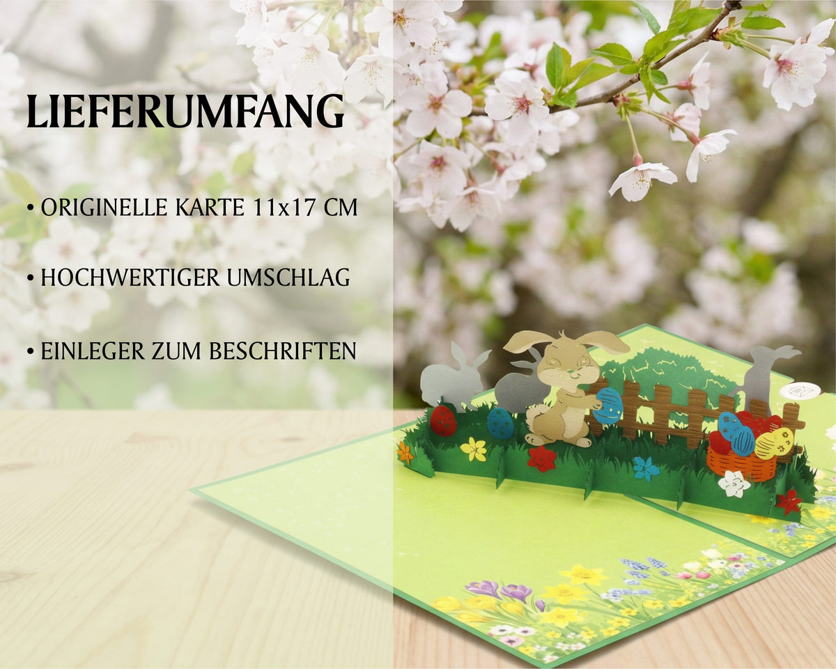 Lieferumfang der Osterhasen Pop-up-Karte: originelle Karte 11x17 cm, hochwertiger Umschlag und Einleger zum Beschriften.