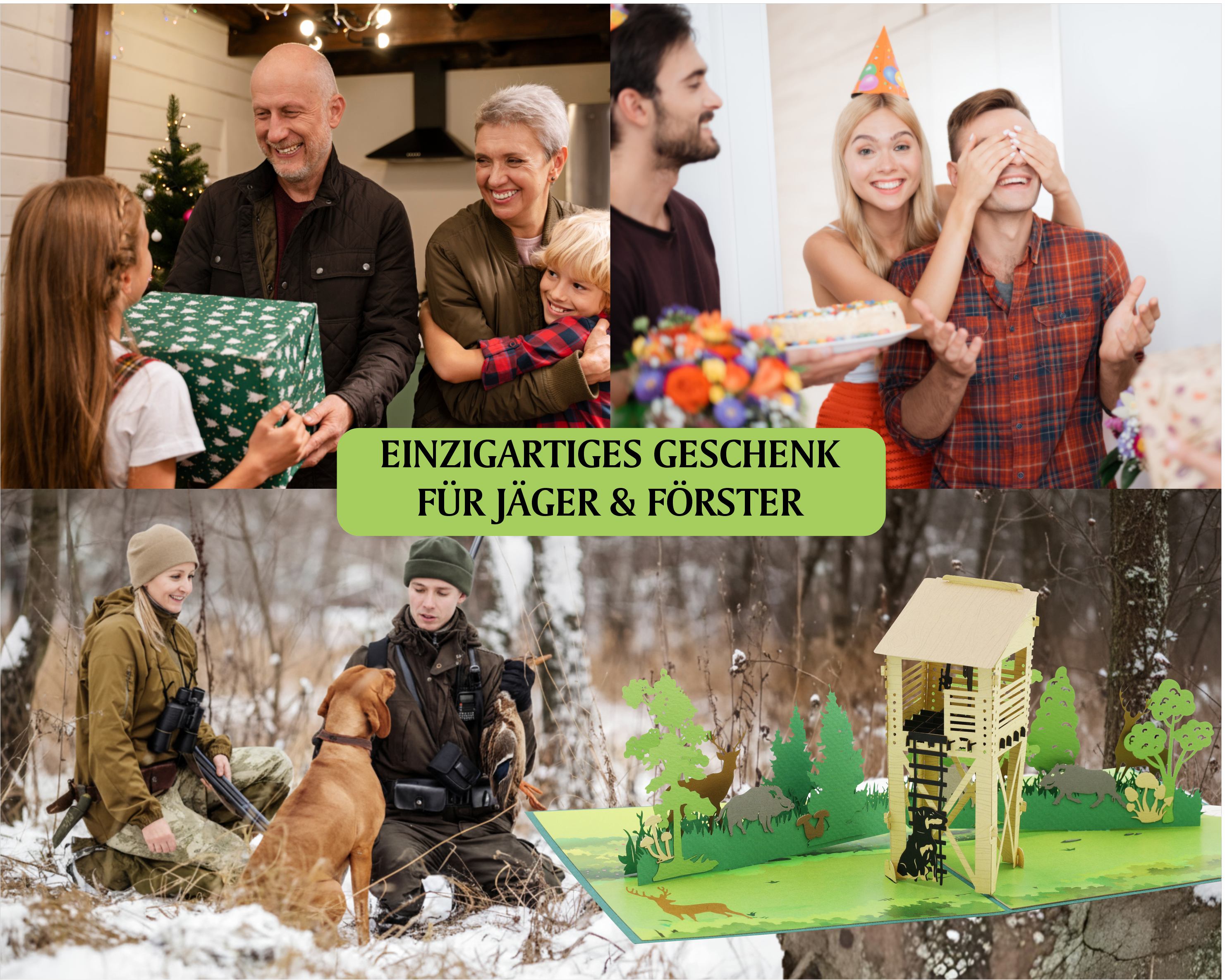 Collage mit lachenden Menschen beim Geschenkeauspacken, zwei Personen mit Hund im verschneiten Wald und einer aufgeklappten Pop-up-Karte mit Hochsitz und Bäumen.