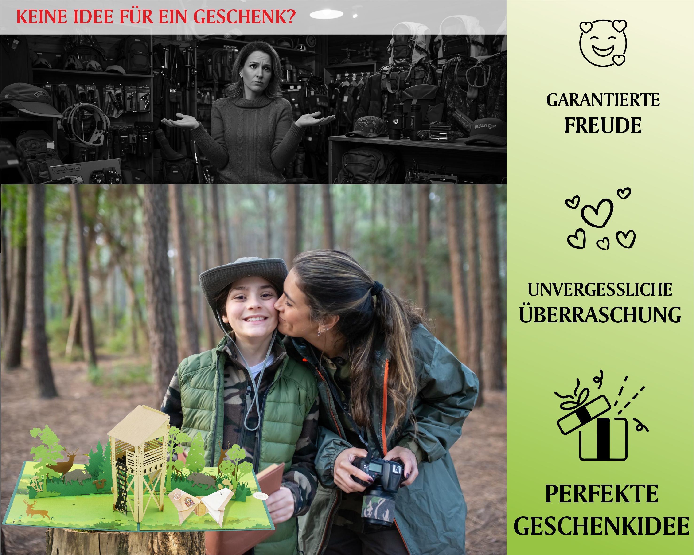 Frau küsst Kind mit Hut und Fernglas im Wald, beide halten eine aufgeklappte Pop-up-Karte mit Jagdmotiv, daneben Infografik mit den Texten: Garatierte Freude, unvergessliche Überraschung und die perfekte Geschenkidee zur Jagdprüfung.