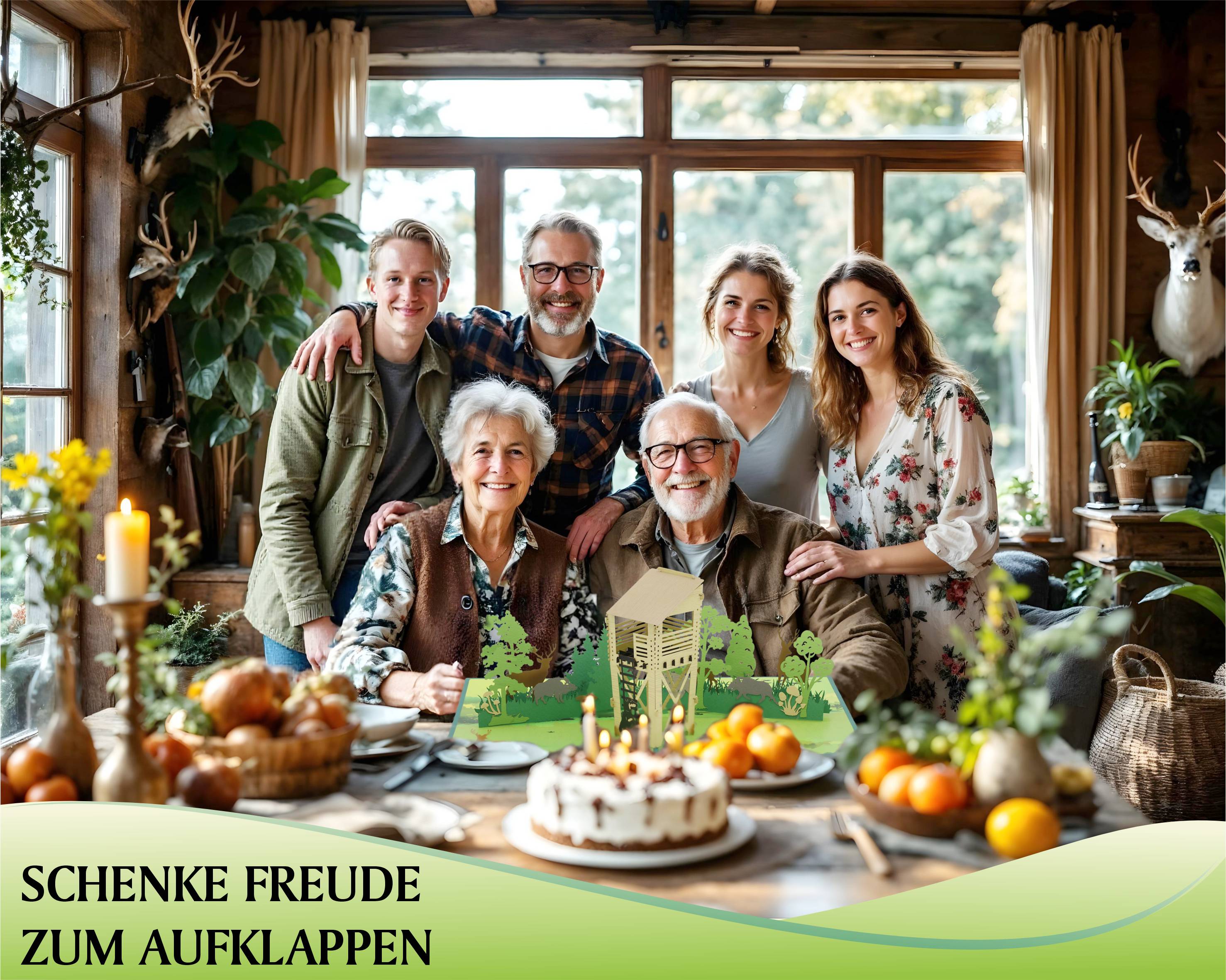 Sechs Menschen stehen und sitzen lächelnd um einen Tisch mit einer Torte und Kerzen, im Vordergrund eine aufgeklappte Pop-up-Karte mit Jagdmotiv und im Hintergrund große Fenster mit Blick ins Grüne.
