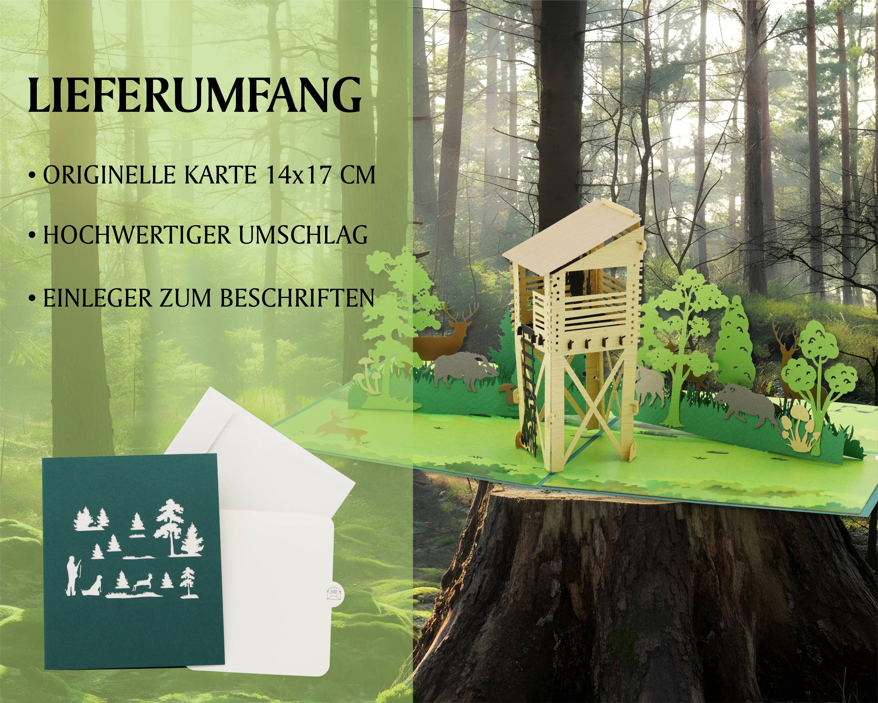 Geöffnet Pop Up Karte vor einem Wald. Beschriftung mit Umschlag und hochwertigem Umschlag.