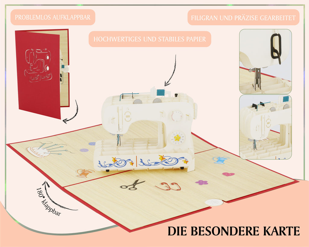 Weiße Nähmaschine mit bunten Blumenmustern auf der Vorderseite, platziert auf einer offenen, roten Pop-up-Karte