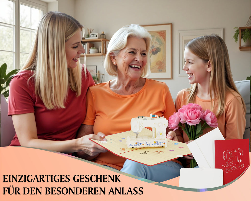 Mutter und Tochter schenken der Oma eine pop up karte mit einer weißen Nähmaschine
