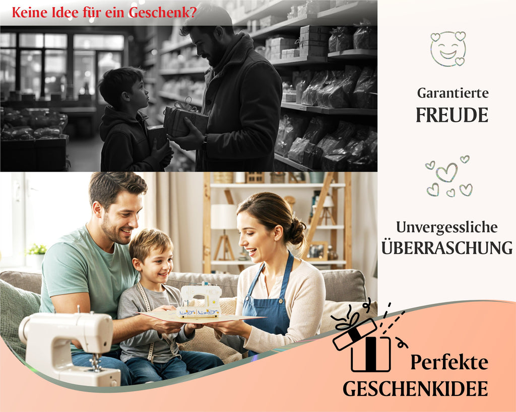 Vater und Sohn schenken der Mutter als Geburtstagsgeschenk eine Klappkarte mit einer Nähmaschine