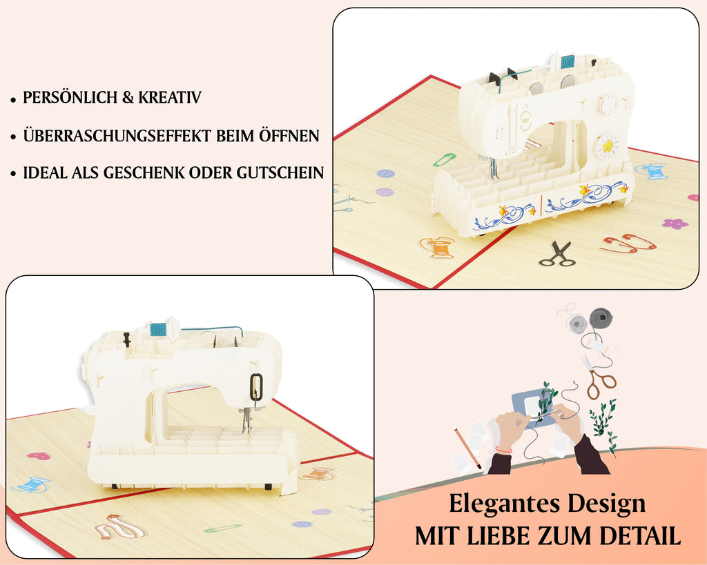 Weiße Nähmaschine mit bunten Blumenmustern auf der Vorderseite, platziert auf einer offenen, roten Pop-up-Karte