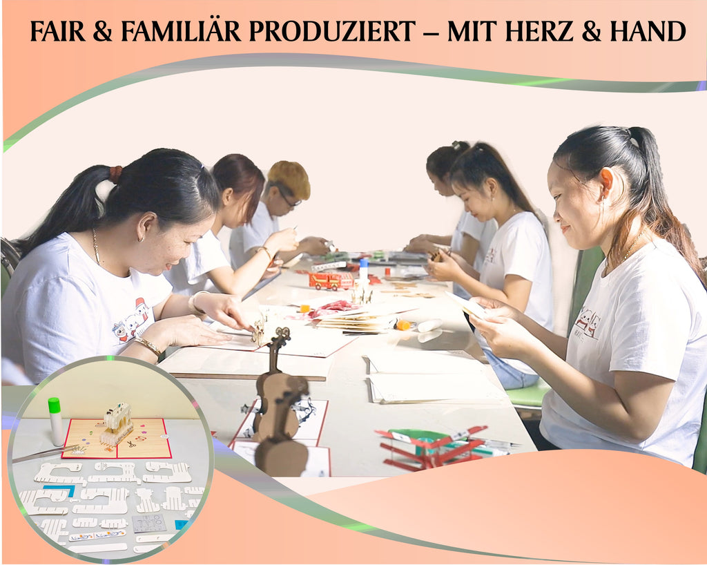 Das team mit jungen Frauen von design3dkarten beim Zusammenbau von Pop Up karten