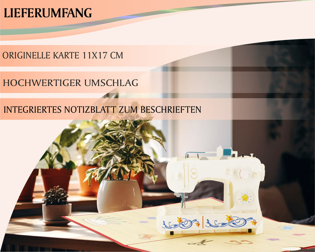 Pop Up Karte mit einer weißen Nähmaschine mit bunten Blumenmustern auf der Vorderseite, platziert auf einem Schreibtisch