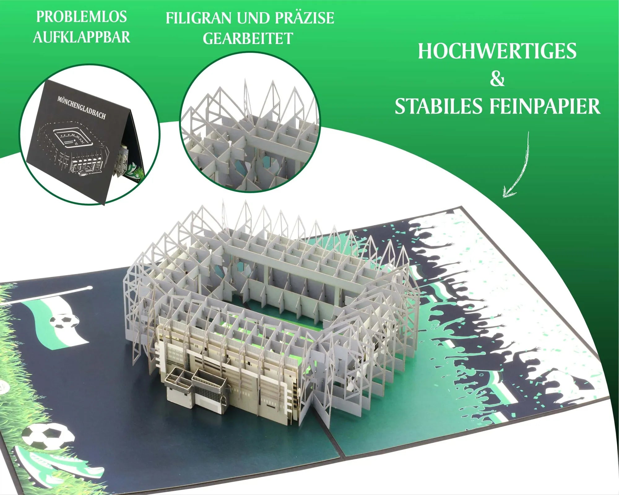 Aufgeklappte Pop-up-Karte mit filigranem Stadionmodell und mehreren Detailansichten auf grünem Hintergrund