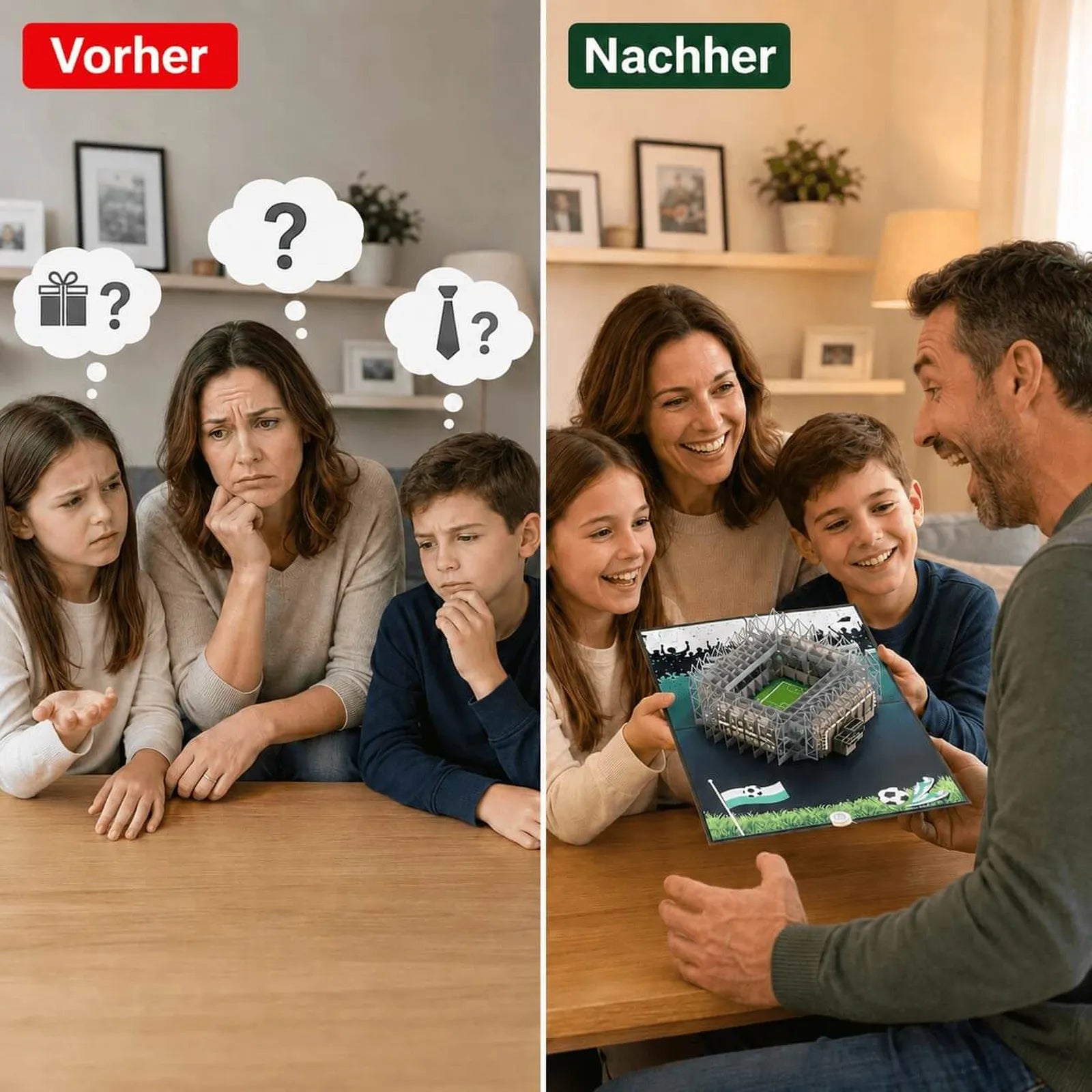 Vierköpfige Familie sitzt an einem Tisch und sucht ein Geschen. Aauf der linken Bildhälfte nachdenklich mit Sprechblasen, auf der rechten Bildhälfte betrachtet sie gemeinsam eine aufgeklappte Pop-up-Karte mit Stadionmodell und freuen sich zusammen.