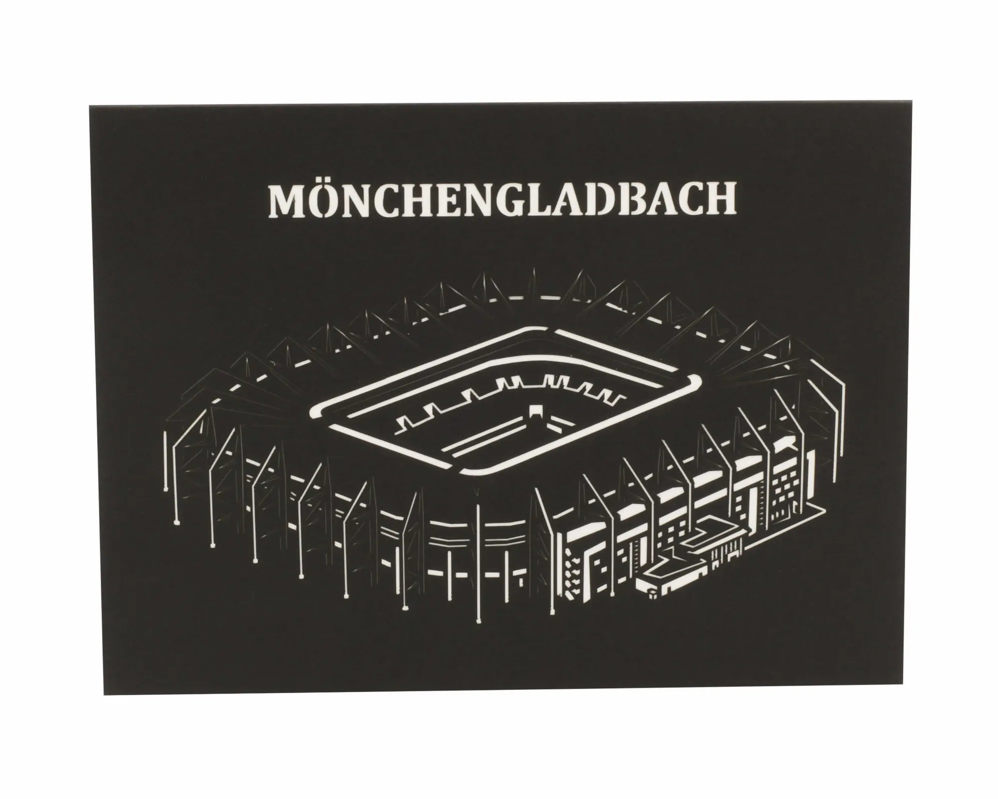 schwarze karte mit scherenschnitt vom Stadion mönchengladbach auf dem cover.