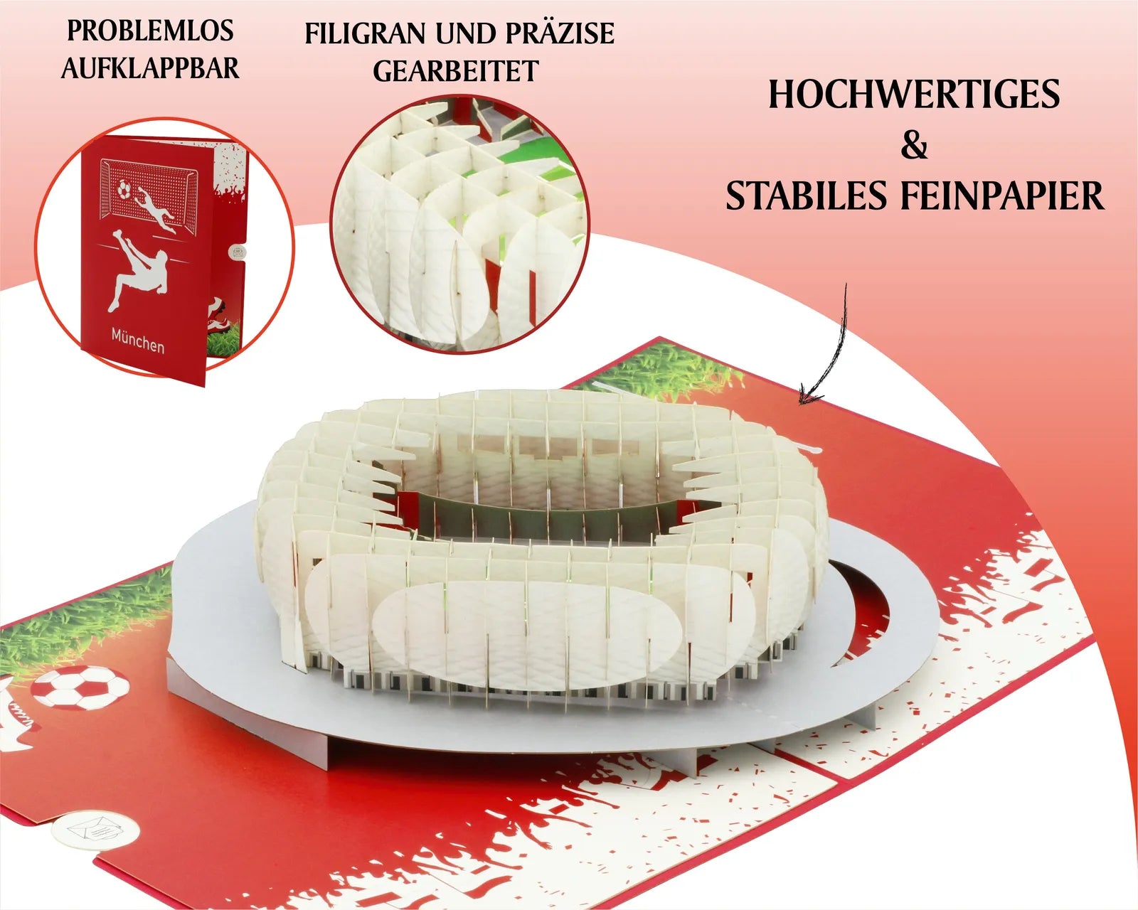 Hochwertige Pop-up-Karte mit einem Stadion-Design, gefertigt aus stabilem Feinpapier, ideal für Fußballfans und Geschenke.