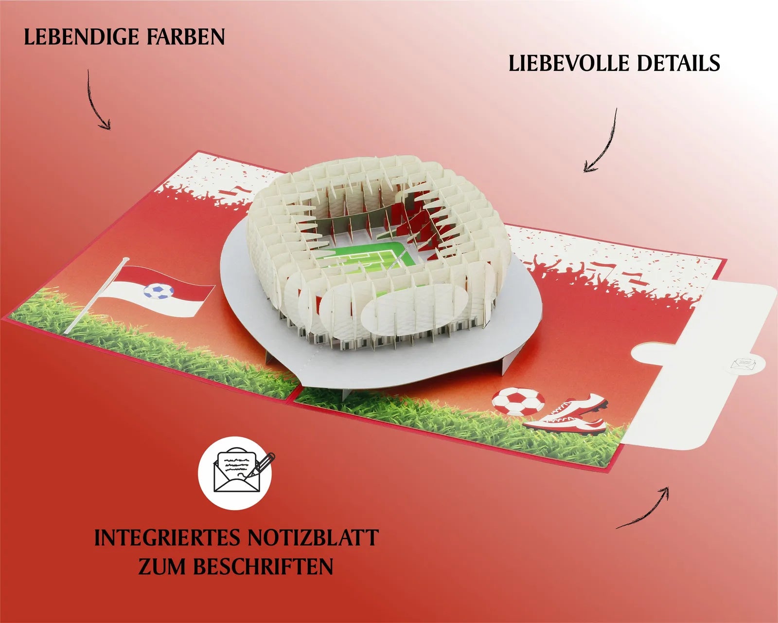Pop-up-Karte mit einem detailreichen Fußballstadion in lebendigen Farben und integriertem Notizblatt zum Beschriften für Fans.