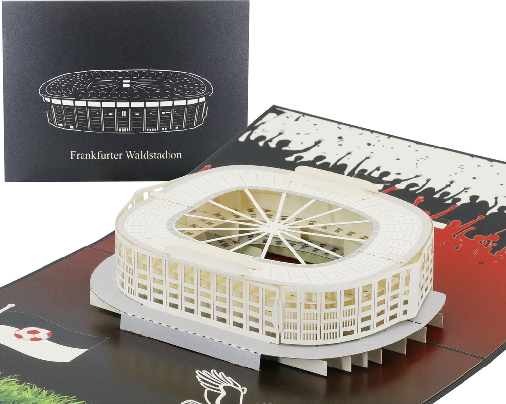 schwarze pop up karte mit frankfurter waldstadion, innen das Stadion