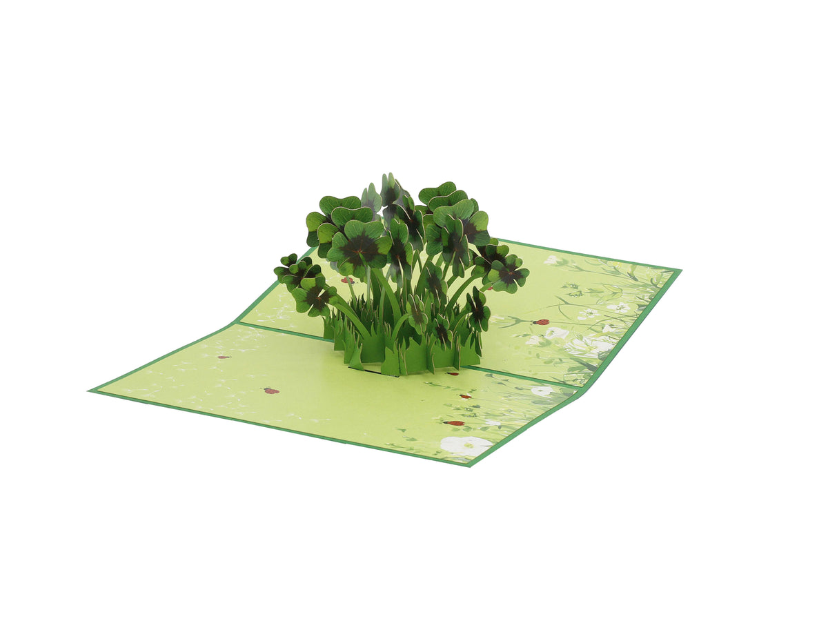 Aufgeklappte grüne Pop-up-Karte mit einem Büschel vierblättriger Kleeblätter auf einer Wiese mit Marienkäfern.