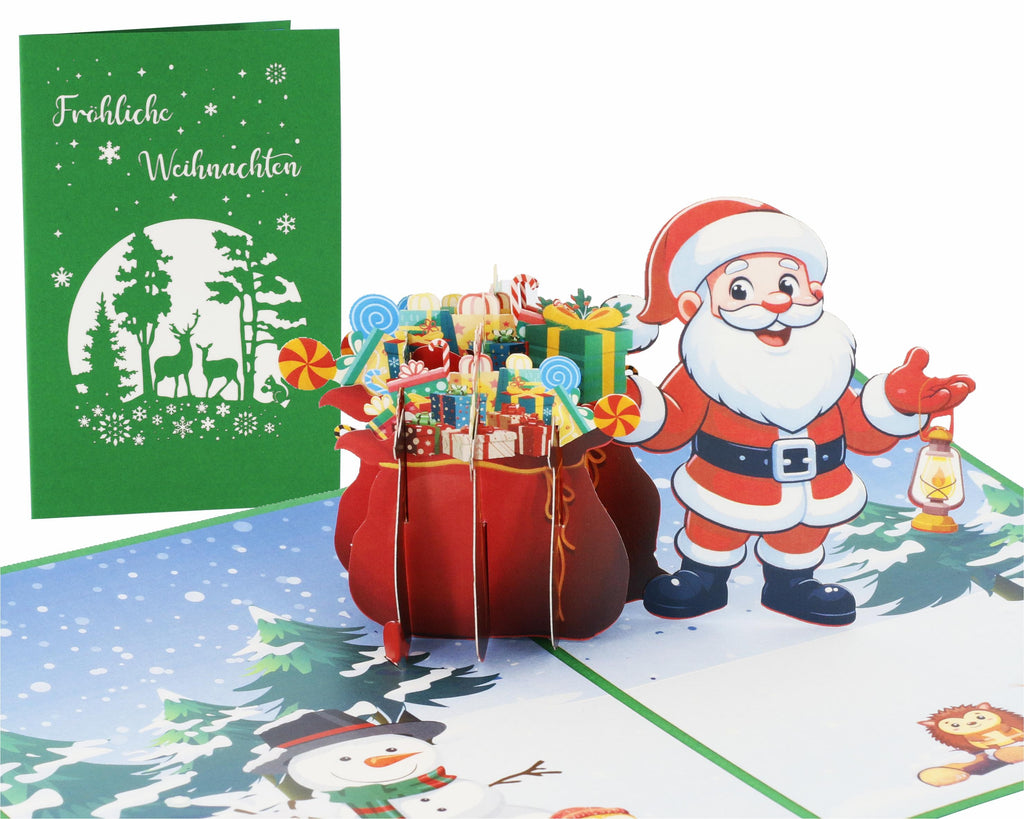 grüne pop up karte mit winterlandschaft und fröhlich weihnachten. Nikolaus mit sack voller geschenke