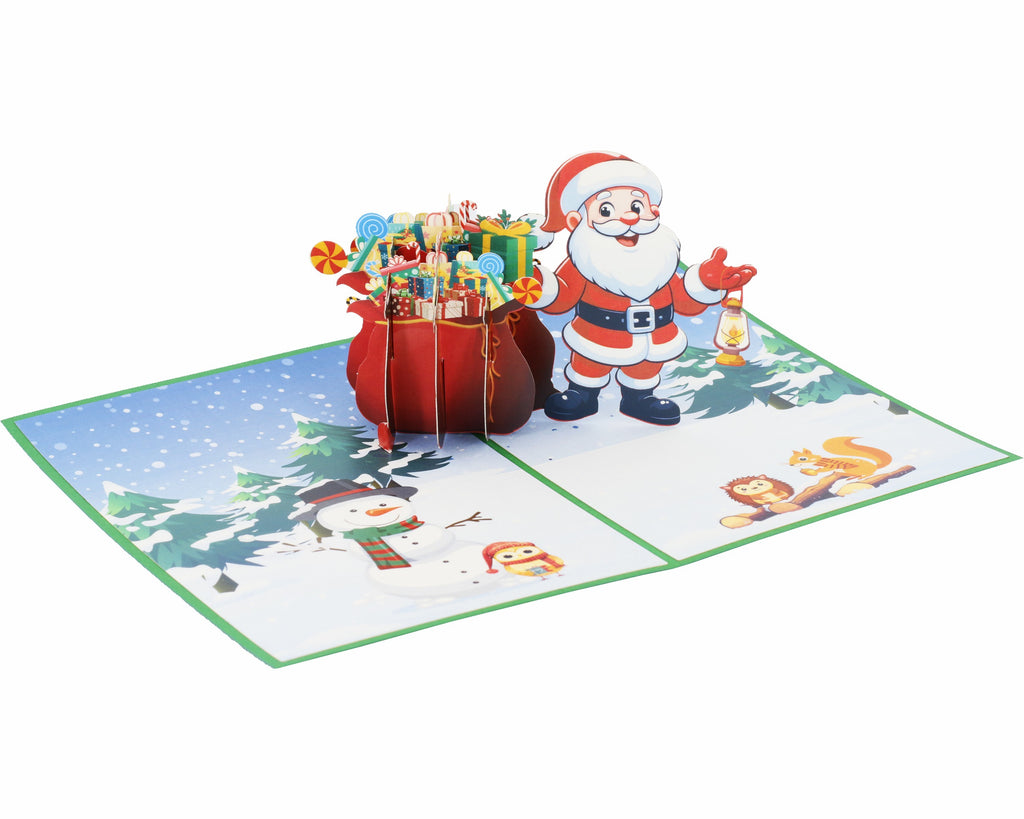 Klappkarte Nikolaus mit sack voller geschenke und einer winterlandschaft