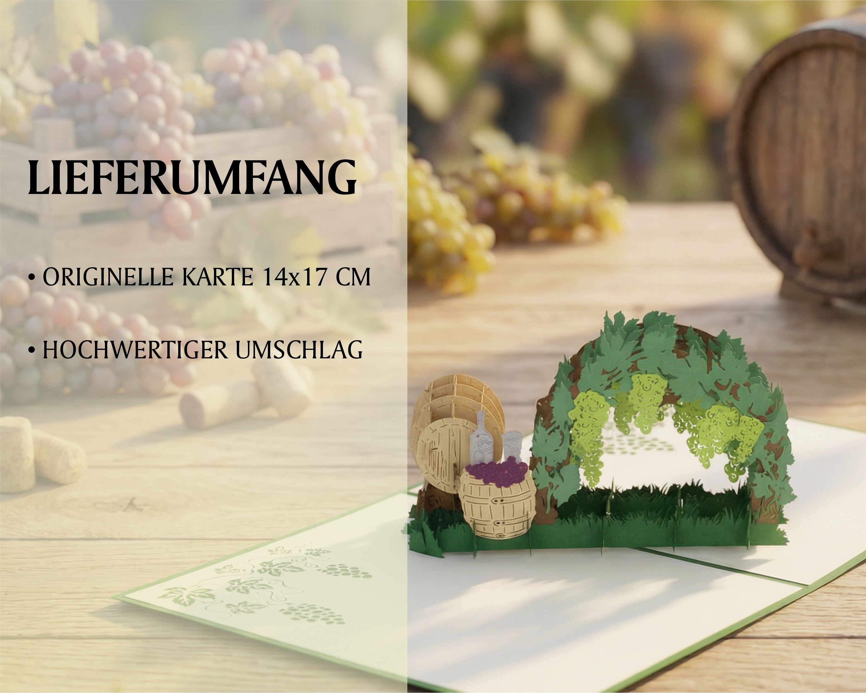 Lieferumfang der Weinreben Pop-up-Karte: originelle Karte 14x17 cm und hochwertiger Umschlag.