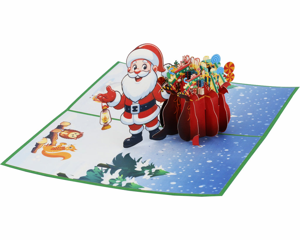 3d karte nikolaus mit geschenken und einer verschneiten winterlichen landschaft mit tieren
