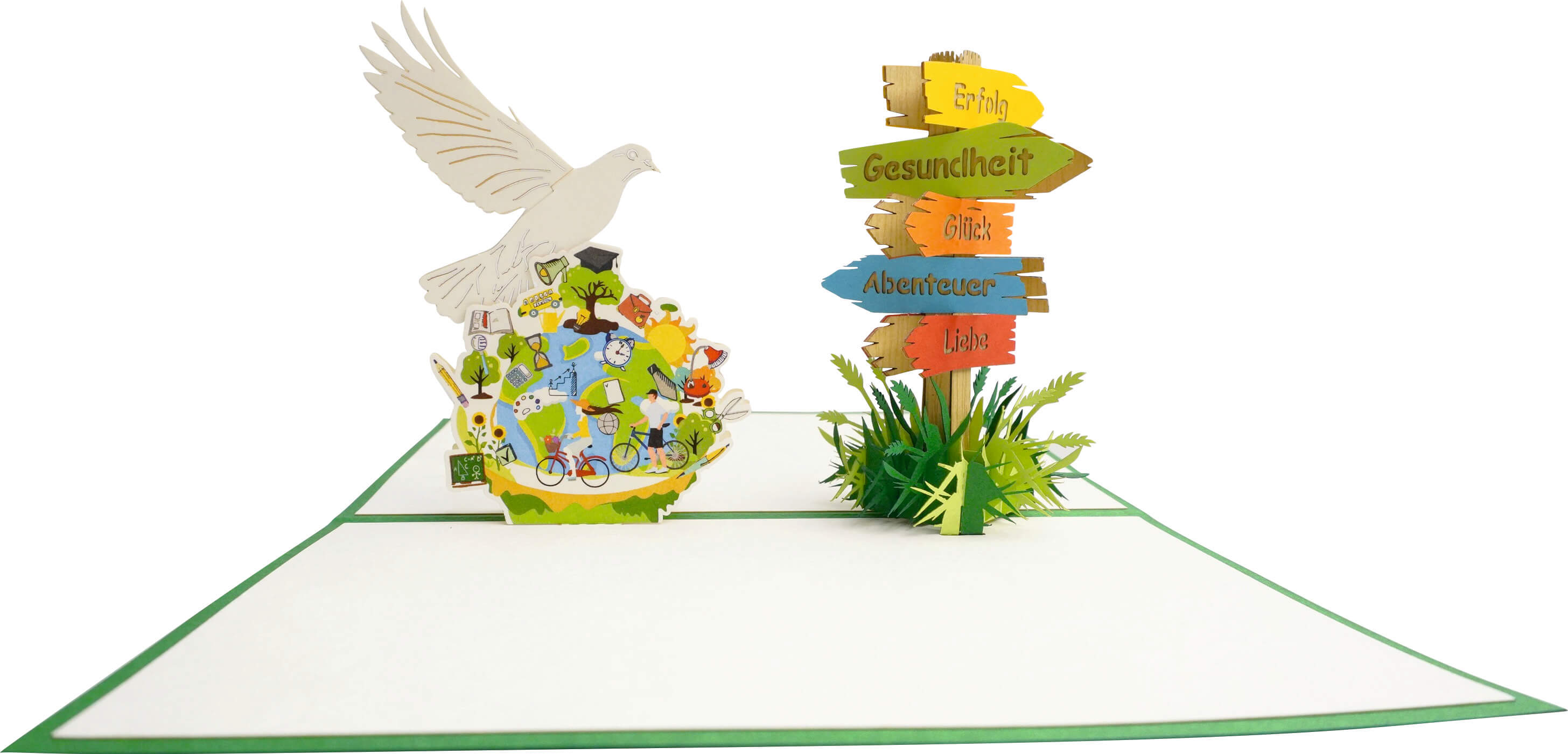 Aufgeklappte Pop-up-Karte mit weißer Friedenstaube über einer bunten Weltkugel, daneben ein Wegweiser mit den Schildern Erfolg, Gesundheit, Glück, Abenteuer und Liebe.