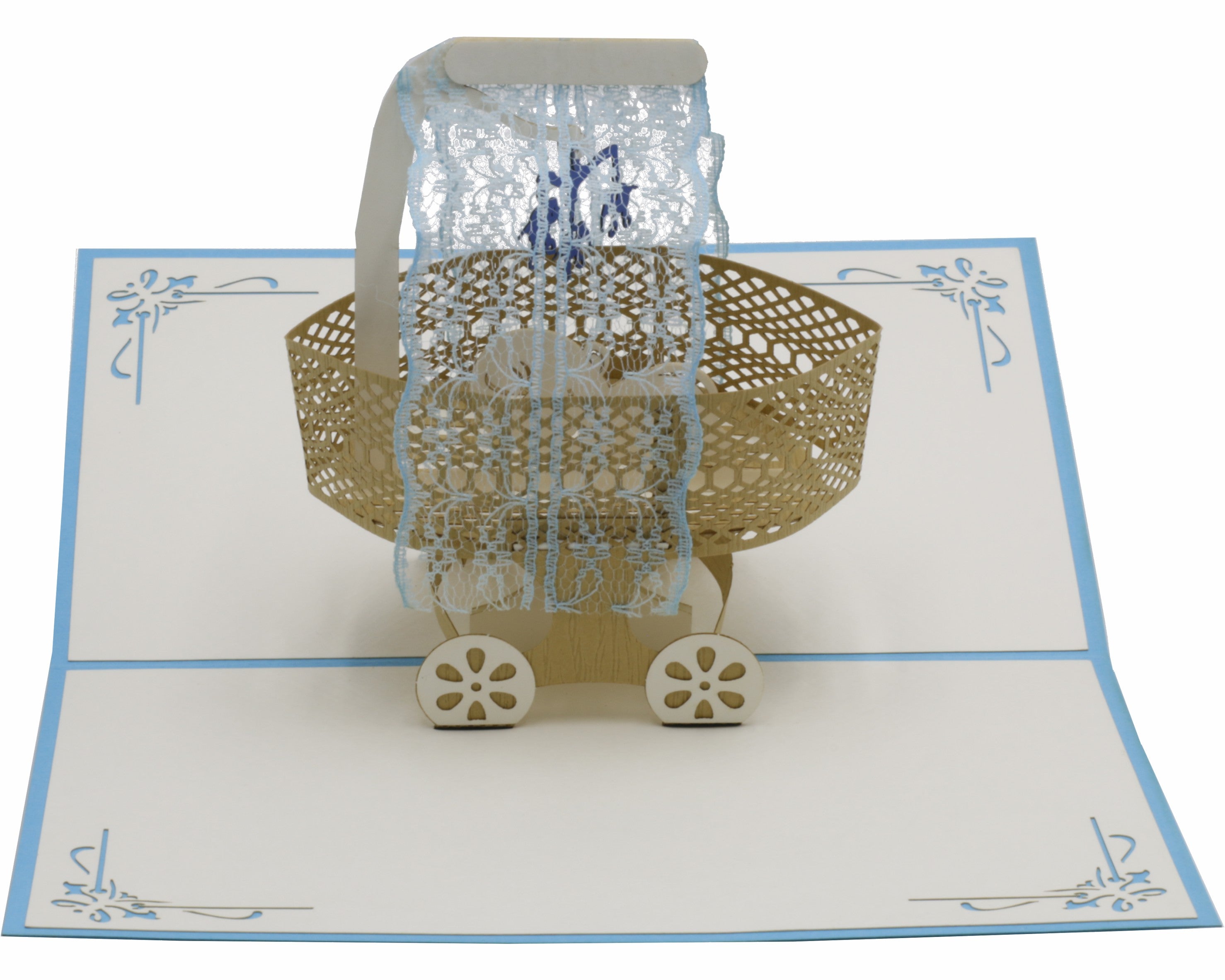 pop up karte mit stubenwagen in blau und baby