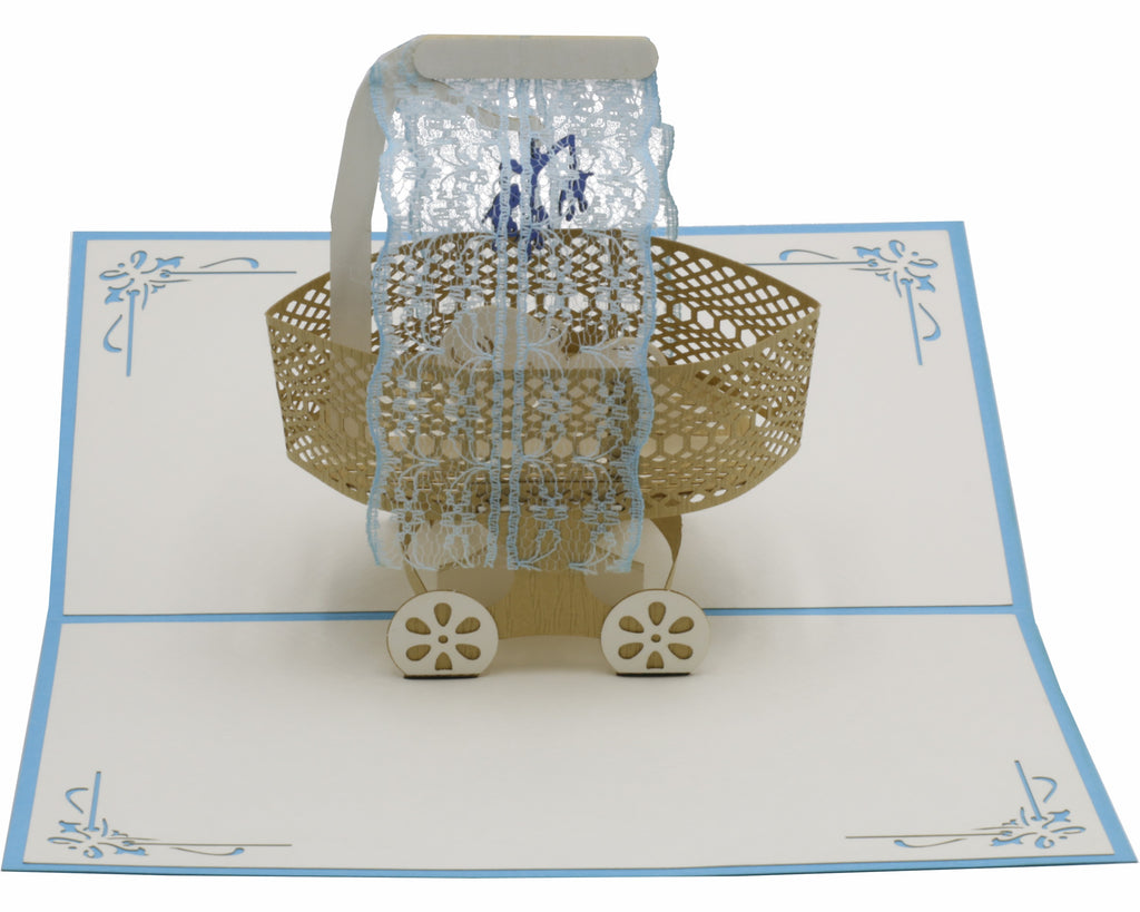 pop up karte mit stubenwagen in blau und baby