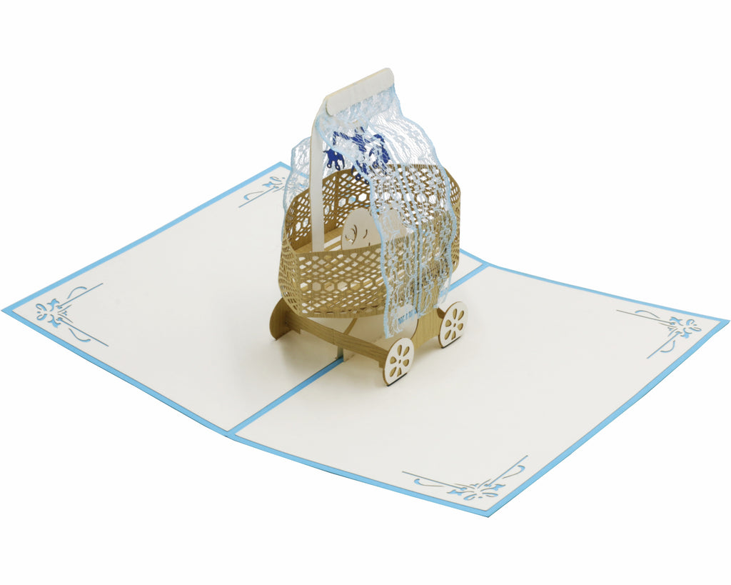 pop up karte mit stubenwagen in blau und baby und elefanten mobile
