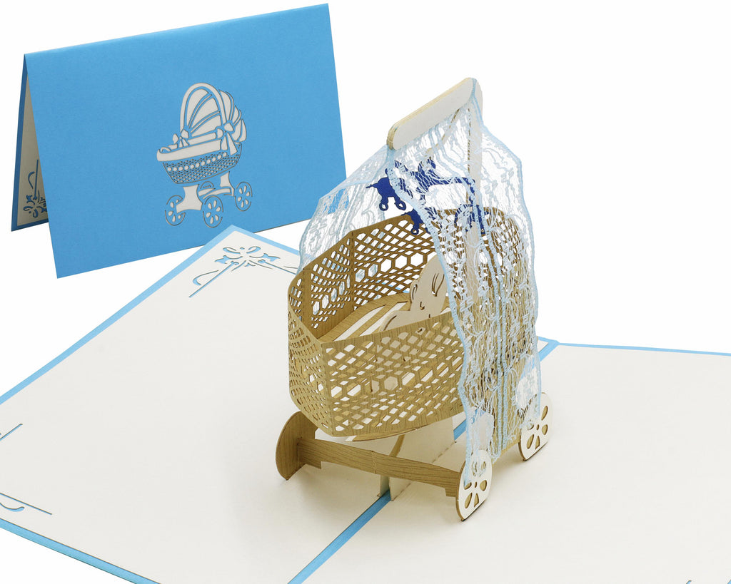3d karte mit stubenwagen in blau und baby und elefanten mobile