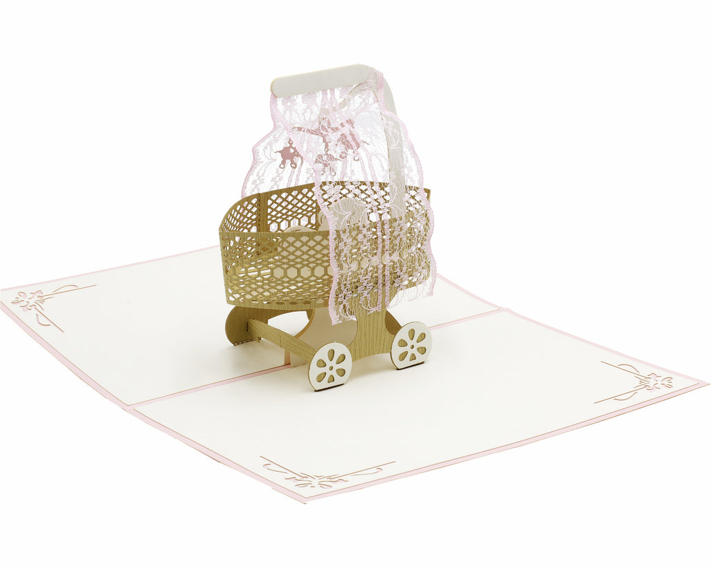 karte mit stubenwagen in rosa und baby