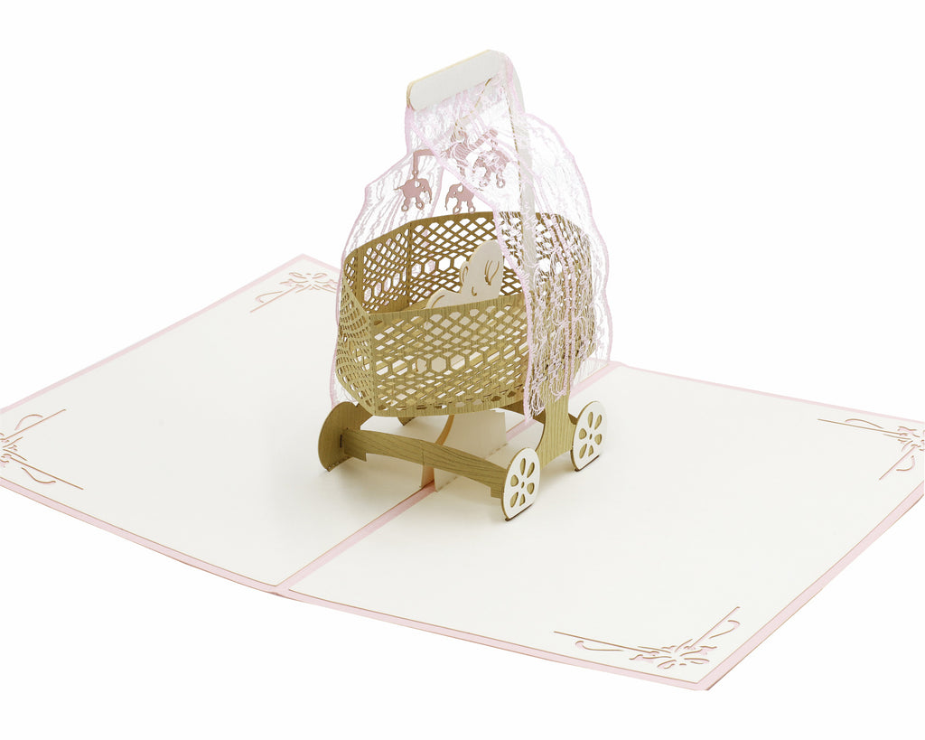pop up karte mit stubenwagen in rosa und baby und elefanten mobile