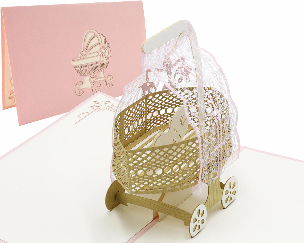 3d karte mit stubenwagen in rosa und baby und elefanten mobile