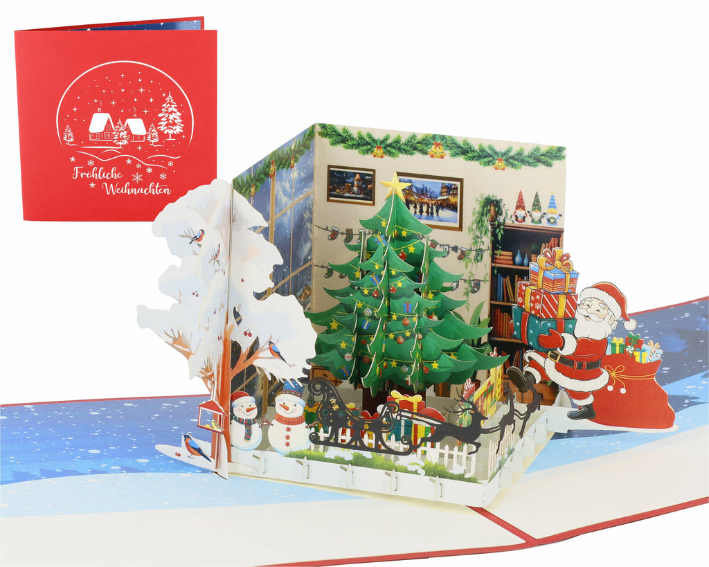 Rote karte mit verschneiter winterlandschaft, wohnzimmer mit tannenbaum und weihnachtsmann mit geschenken