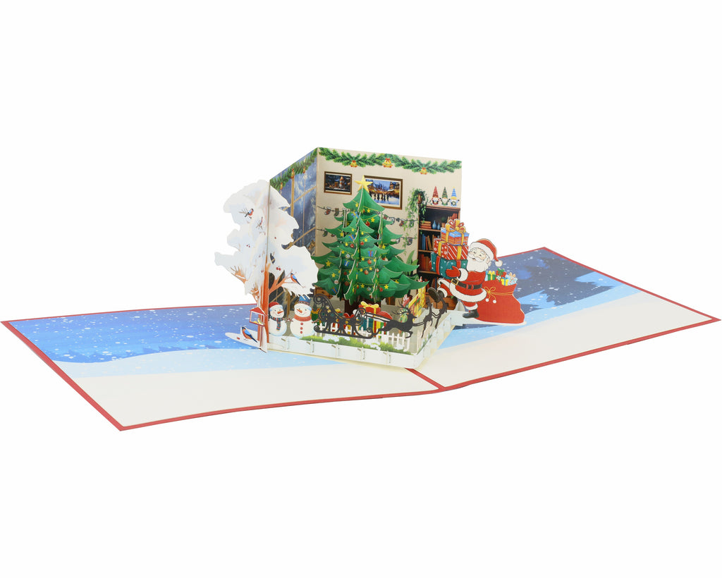 Pop Up Karte weihnachtlich geschmücktem wohnzimmer mit tannenbaum und weihnachtsmann mit geschenken