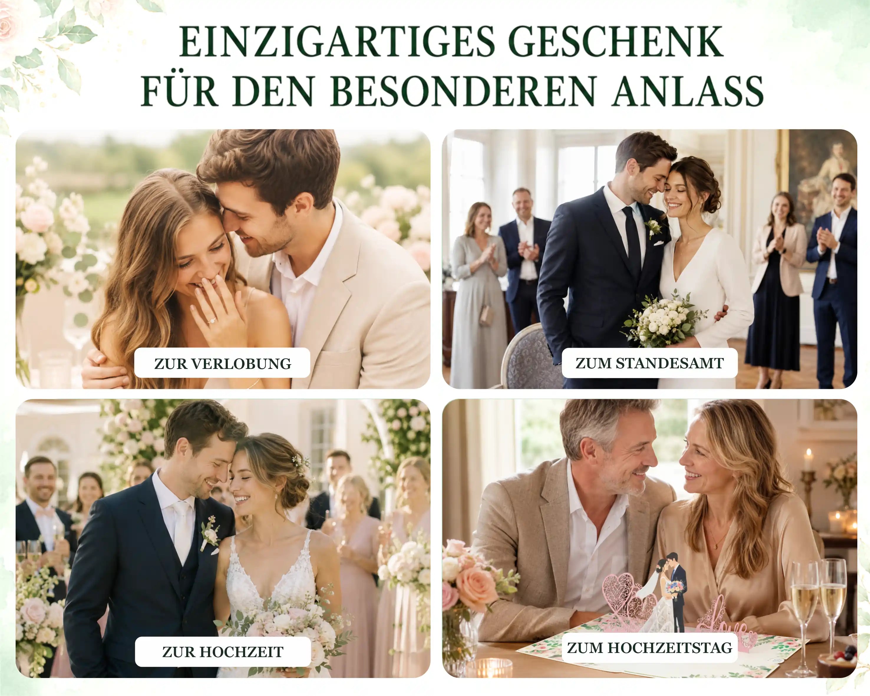 Vier Fotos zeigen Paare bei Verlobung, Standesamt, Hochzeit und Hochzeitstag – die Pop-up-Karte mit Brautpaar als einzigartiges Geschenk für den besonderen Anlass.