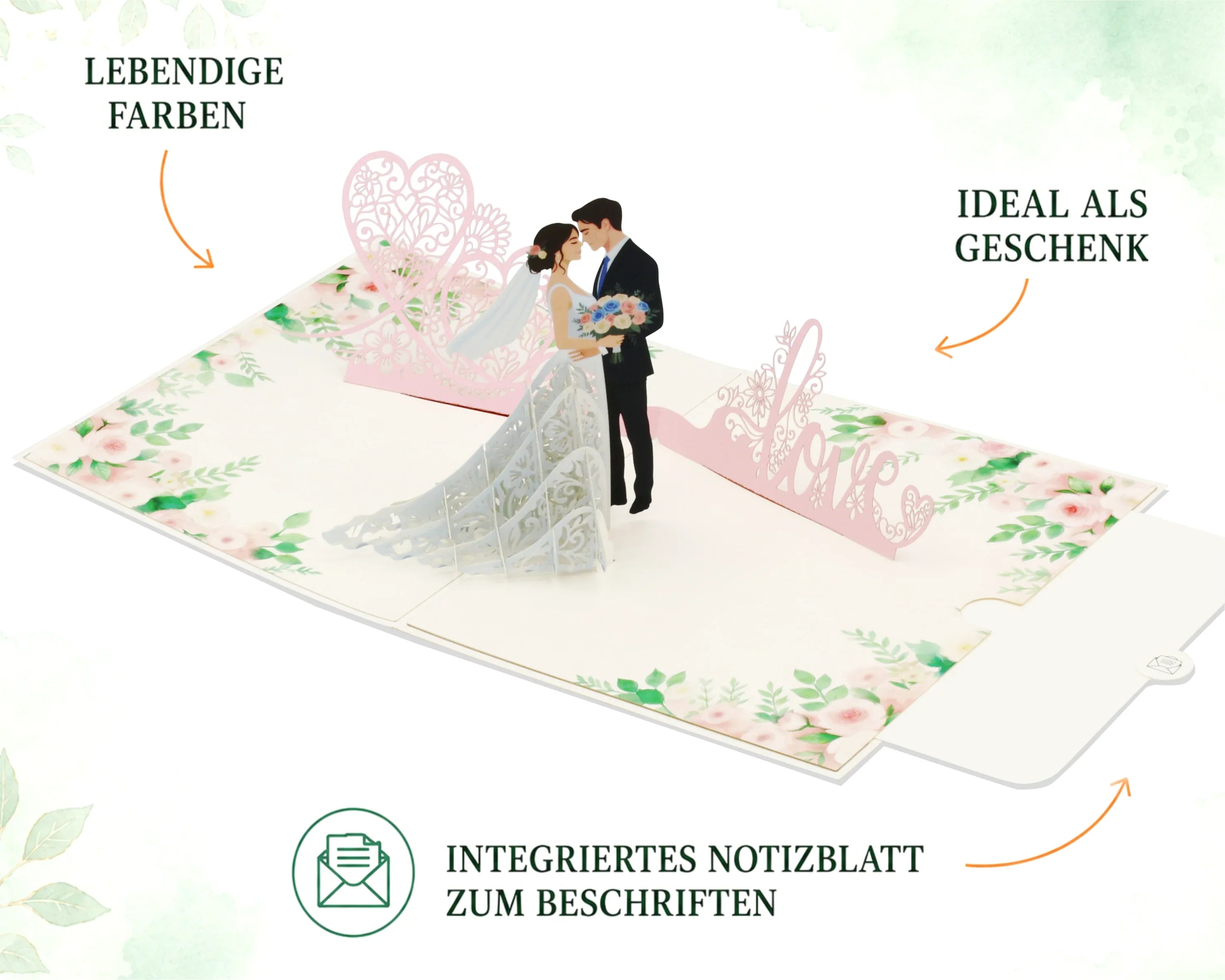 Aufgeklappte Pop-up-Karte mit Brautpaar, rosa Herz und Love-Schriftzug in lebendigen Farben, mit Hinweis auf das integrierte Notizblatt zum Beschriften und die Eignung als Geschenk.