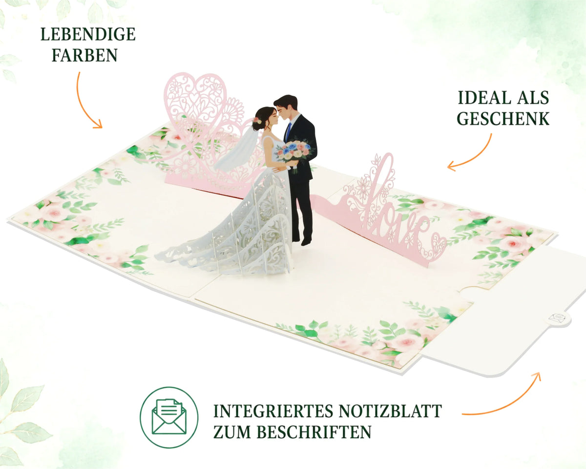 Aufgeklappte Pop-up-Karte mit Brautpaar, rosa Herz und Love-Schriftzug in lebendigen Farben, mit Hinweis auf das integrierte Notizblatt zum Beschriften und die Eignung als Geschenk.