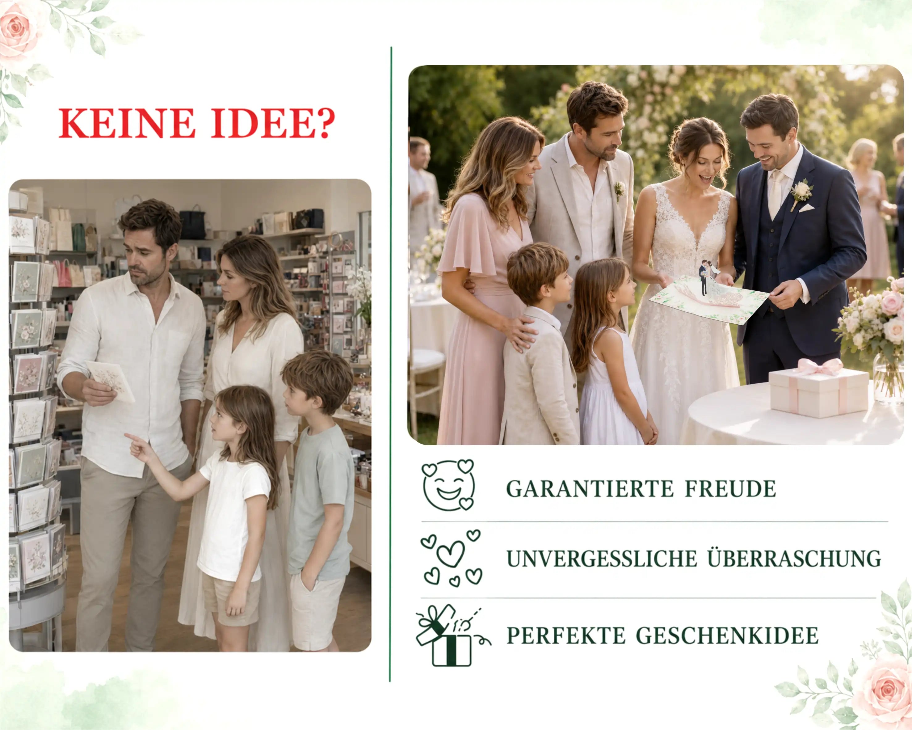 Familie im Kartenladen ohne Geschenkidee, daneben ein Brautpaar mit Gästen, das sich über die Pop-up-Karte freut – garantierte Freude, unvergessliche Überraschung und perfekte Geschenkidee.