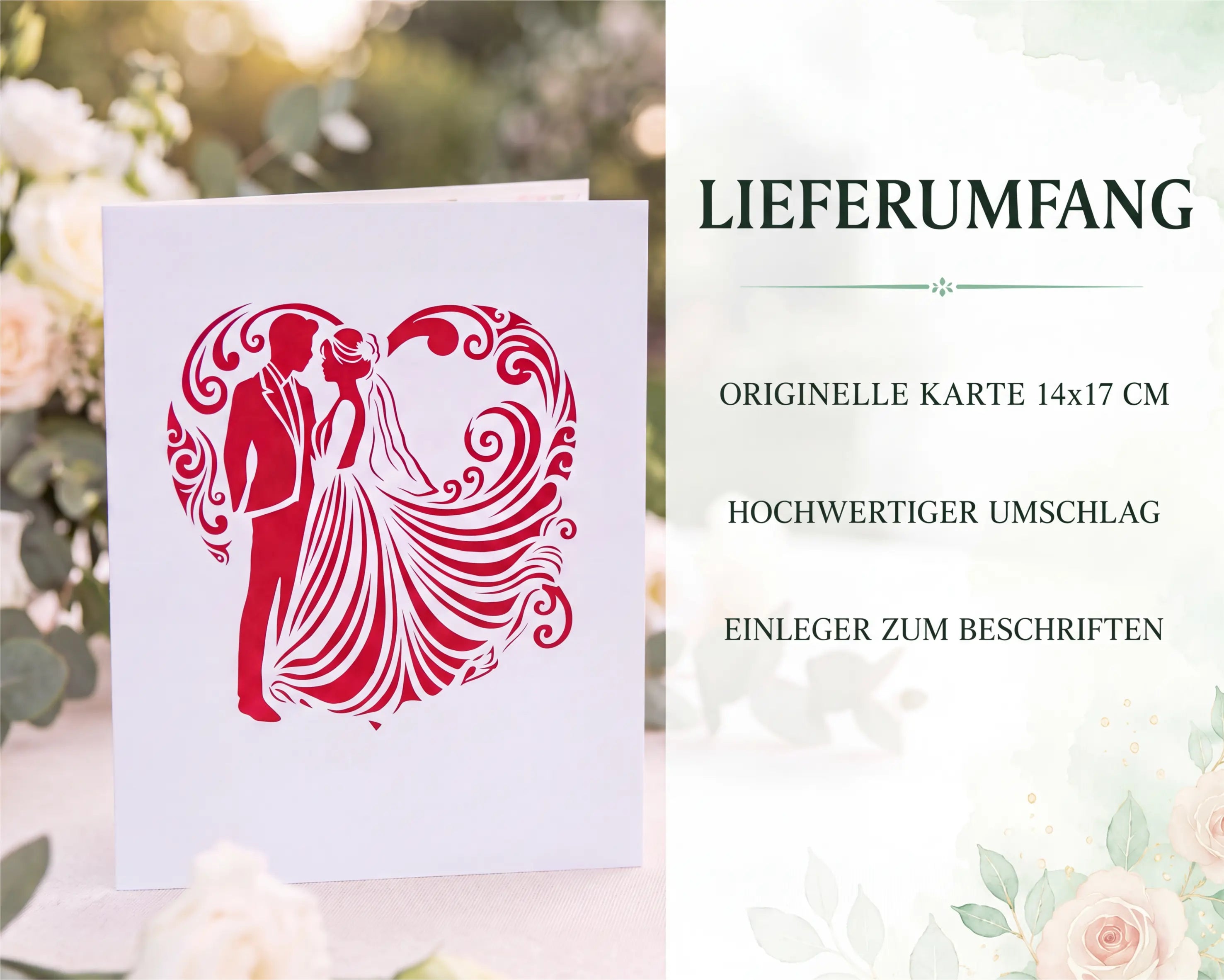 Weiße Klappkarte mit rotem Brautpaar-Motiv im Herz vor Rosen, daneben der Lieferumfang: originelle Karte 14x17 cm, hochwertiger Umschlag und Einleger zum Beschriften.