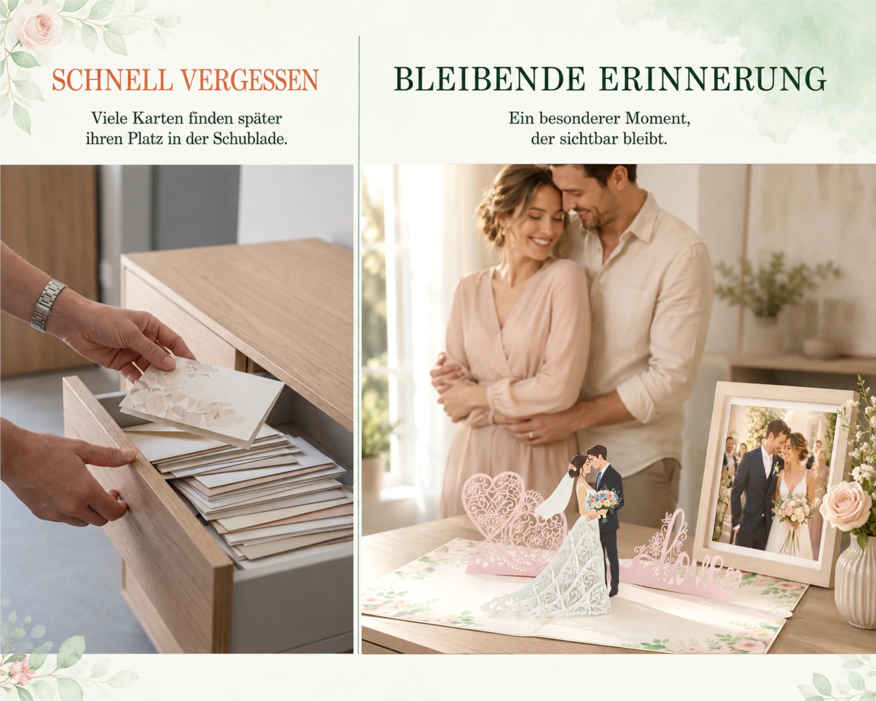Links wird eine Karte in einer Schublade verstaut, rechts steht die aufgestellte Pop-up-Karte mit Brautpaar neben einem Hochzeitsfoto – eine bleibende Erinnerung statt schnell vergessen.
