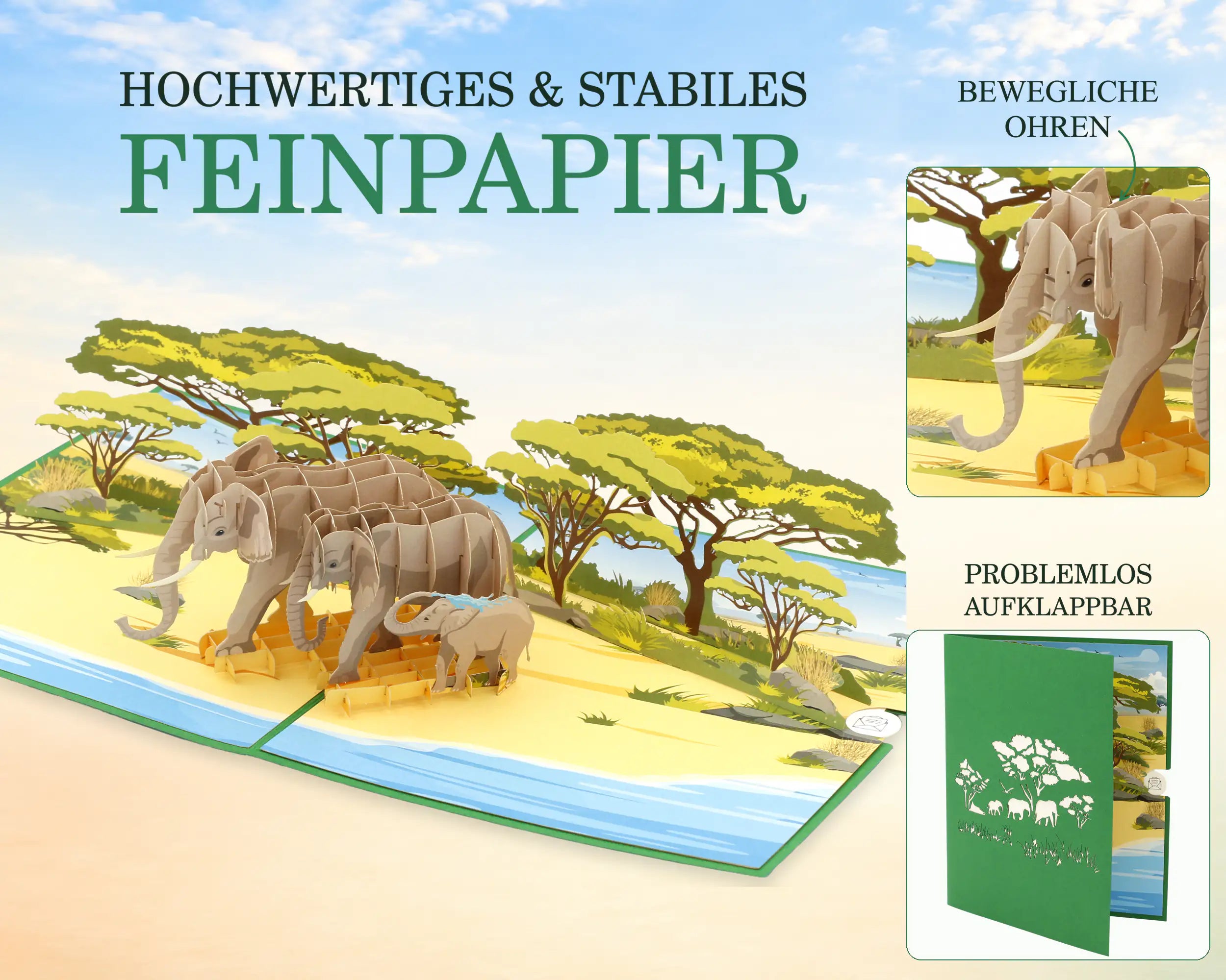Elefant Pop-up Karte aus stabilem Feinpapier: Elefantenfamilie mit Jungtier unter Akazien, Detailansichten zeigen bewegliche Ohren und leichtes Aufklappen der grünen Karte