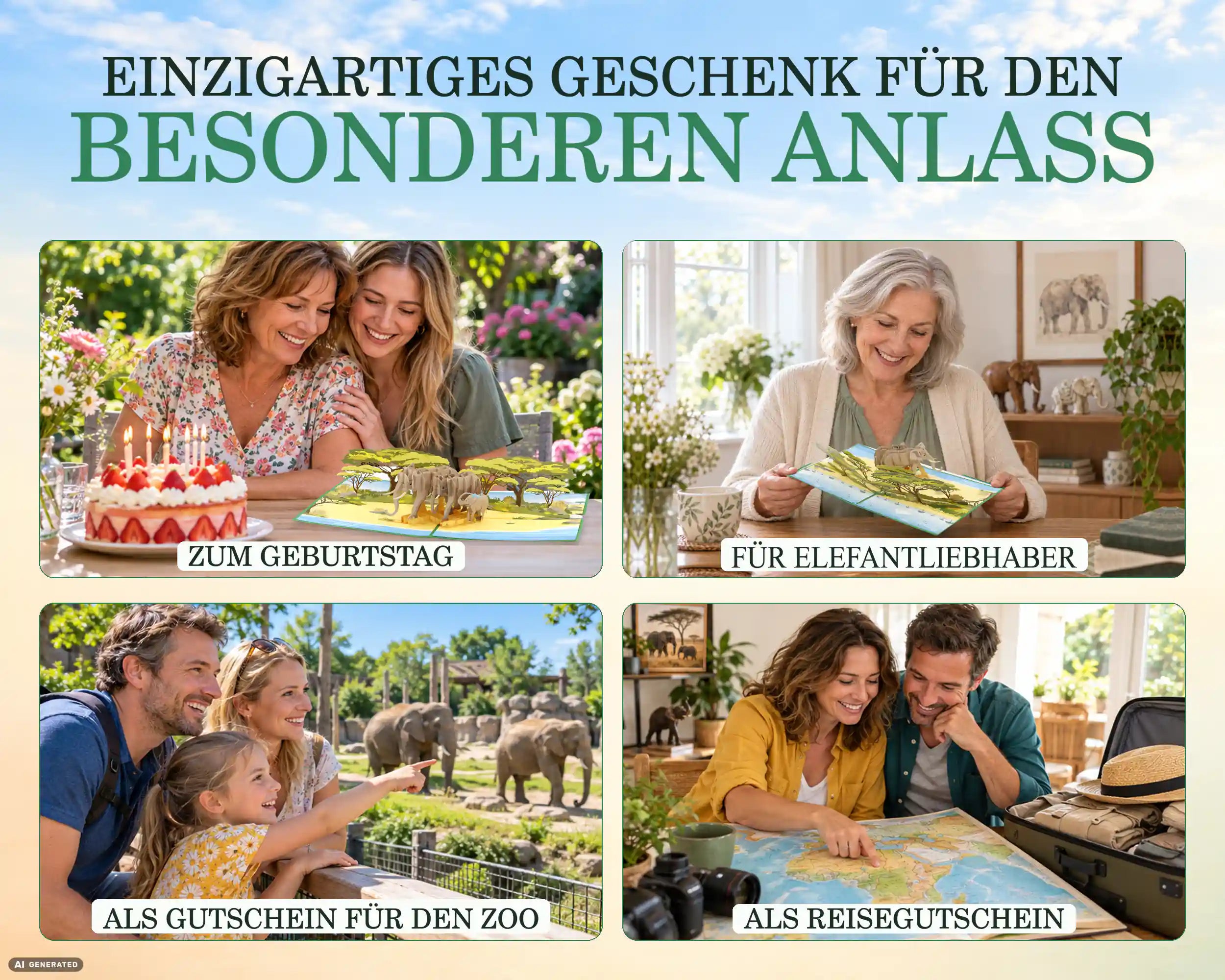 Anlässe für die Elefant Pop-up Karte: Geburtstag, Geschenk für Elefantenliebhaber, Gutschein für den Zoo und Reisegutschein
