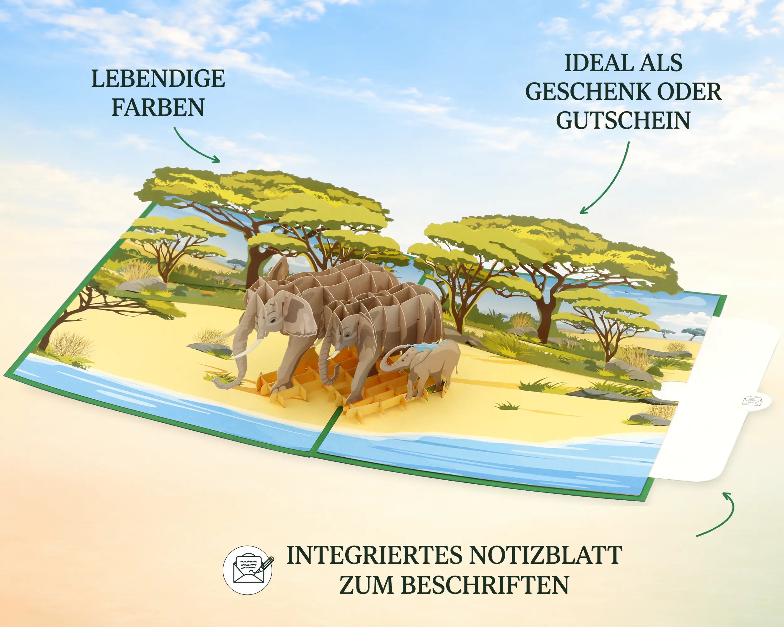 Aufgeklappte Elefant Karte mit Elefantenfamilie in der Savanne in lebendigen Farben, ideal als Geschenk oder Gutschein, mit herausziehbarem Notizblatt zum Beschriften