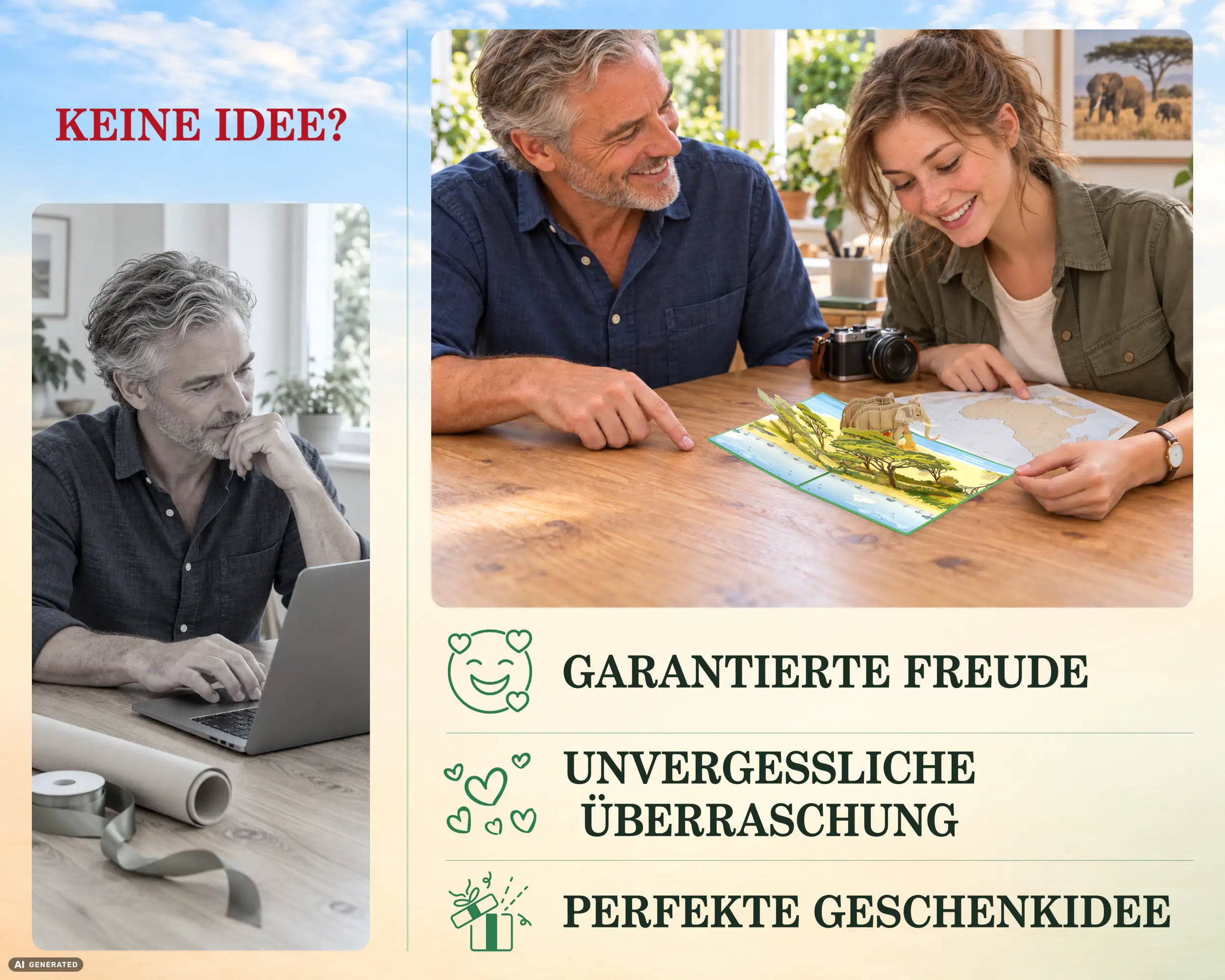 Mann ratlos bei der Geschenksuche am Laptop, daneben freuen sich ein Mann und eine junge Frau mit Afrika-Karte und Kamera über die Elefant Pop-up Karte – garantierte Freude und perfekte Geschenkidee